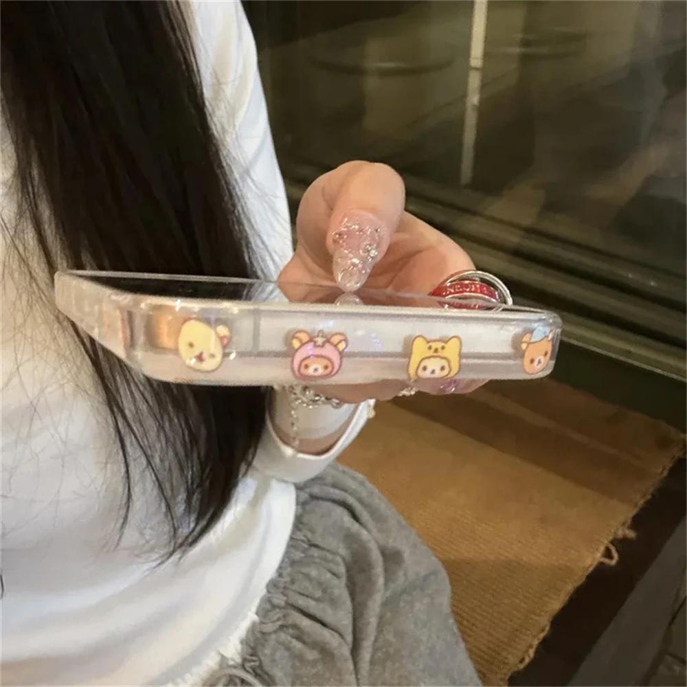 Korean Cute Cartoon Bear Clear Phone Case For iPhone 16 15 14 13 12 Pro Max 16 Pro Shockproof Lens Protective Soft Cover Gift