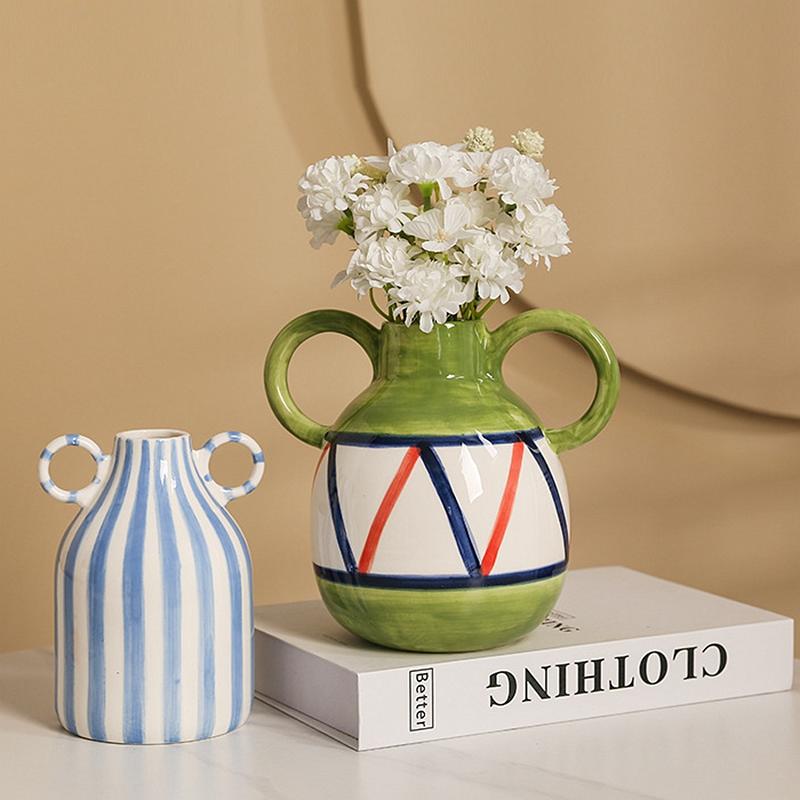 Vaso de flores de cerâmica pintado à mão, enfeite de mesa, decoração para casa, vaso de rosto de desenho animado com alça dupla