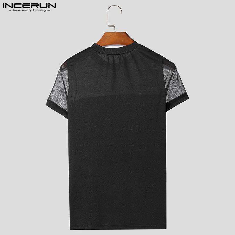 INCERUN Men Short Sleeve Solid Color Patchwork Tops Slim Mesh Sheer T-shirts