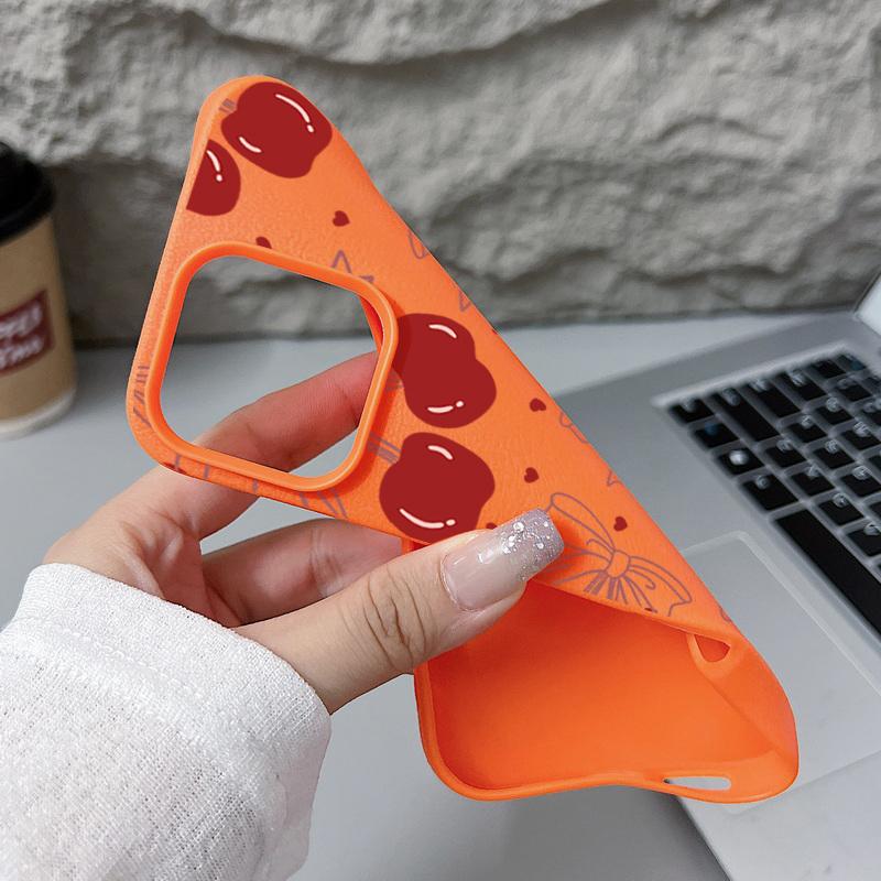 Leather Texture TPU Soft Phone Case For iPhone 16 Pro Max 15 Pro 14 13 12 11 Bowknot Cherry Print Slim Shockproof Matte Bumper Cover