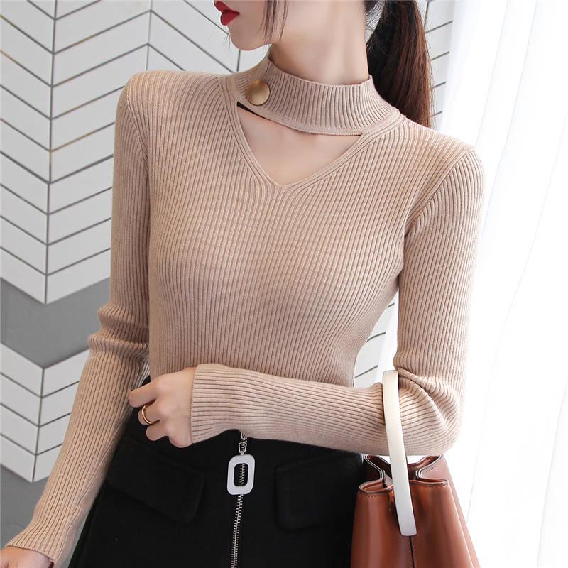 Damen-Pullover, Basic-Rippstrick-Baumwoll-Tops, solide Essential-Pullover, Langarm-Pullover