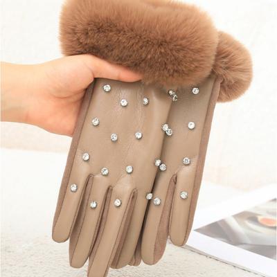 Plush Pu Leather Gloves Velvet Women Warm Mittens Skiing Rhinestone Winter Gloves  Outdoor