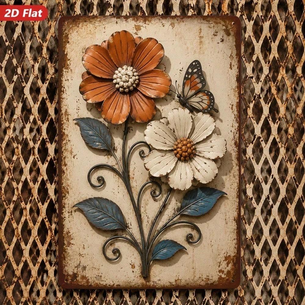 1pc 2D Flat Metal Wall Art Sign, Rustic Floral Butterfly Metal Plaque, Durable Windproof Decor with Rounded Corners