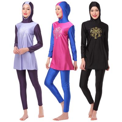 Women Muslim Bathing Suit With Cap Printing Swimsuit Beachwear Women Swimwear 3-Pieces Suit Long Sleeve Trousers Sports Conservative with Hijab