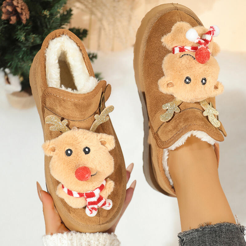 Fashion Cute Cartoon Reindeer Thick Bottom Snow Boots Women 2025 Winter Warm Short Plush Chunky Platform Ankle Boots Christmas Shoes 43