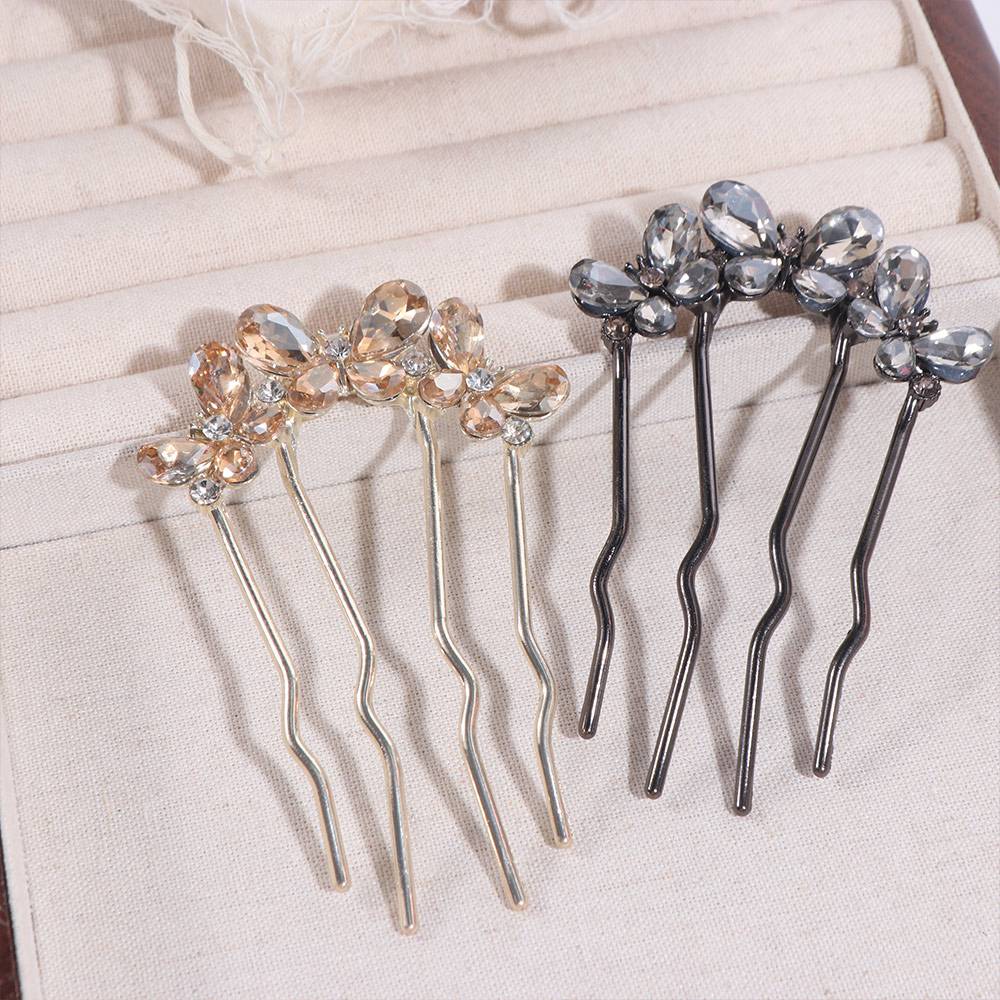 Rhinestone Toothed Insert Comb Geometric U-shaped Hair Clip Temperament Butterfly Hairpin  Daily