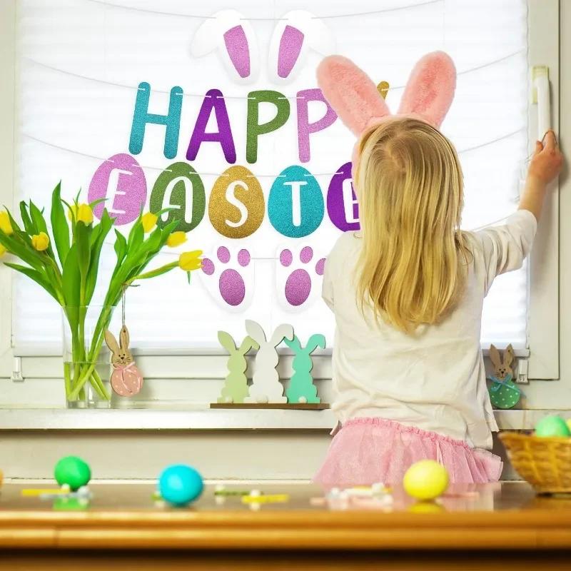 1-10Sets Easter Party Banner Bunting Happy Easter Bunny Background Decorations Celebration Wall Hanging Garland Festive Supplies