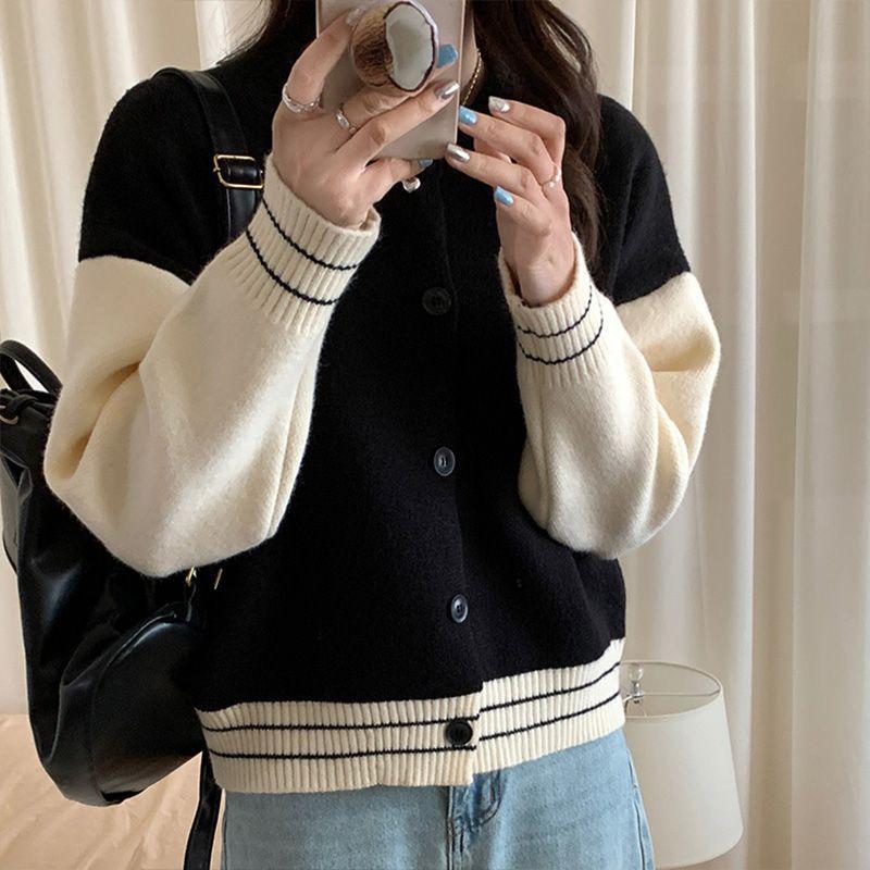 Korean Gentle Wind Crew Neck Sweater Cardigan Women's Autumn Small Sweet Pink Baseball Jersey Contrasting Knitted Jacket