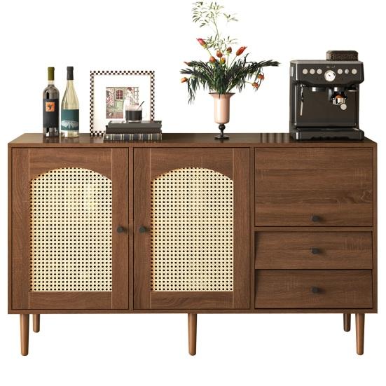 Country Style Sideboard with Rattan Doors, 130 x 75.5 x 40cm Magnetic Lock, Adjustable Shelves, Sturdy Structure, Versatile