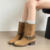Block Heel Single Boots Women's Fashion Square Toe Suede Metal Buckle Car Stitch Anti-slip Wear-resistant Mid-tube Boots