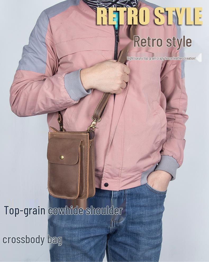 Pánská vintage ručně vyrobená kožená crossbody taška přes rameno z hovězí kůže s poutkem na opasek pro mobilní telefony
