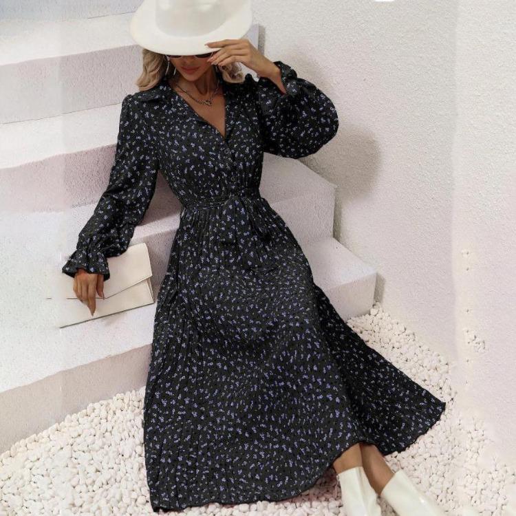 Women Autumn Winter Casual Long Sleeve V-neck Floral Print A-Line High Waist Ankle Length Dress
