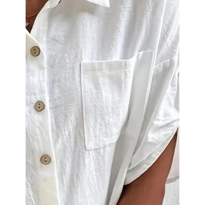 Women's Summer Cotton and Linen Shirt, Lapel Pockets, Loose Short-sleeved Solid Color Shirt Top