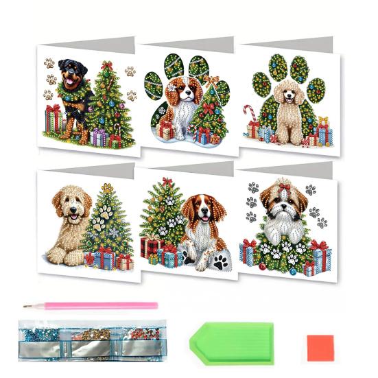 6 Pcs DIY Rhinestone Art Painting Cards Christmas Greeting Card Making Kit with Envelopes 5D Snowman Cat Deer Rhinestone