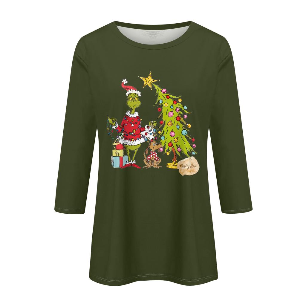 3/4 Sleeve Tops For Women T-Shirt Casual Christmas Print Tops T Shirt Round Neck Pullover Blouse