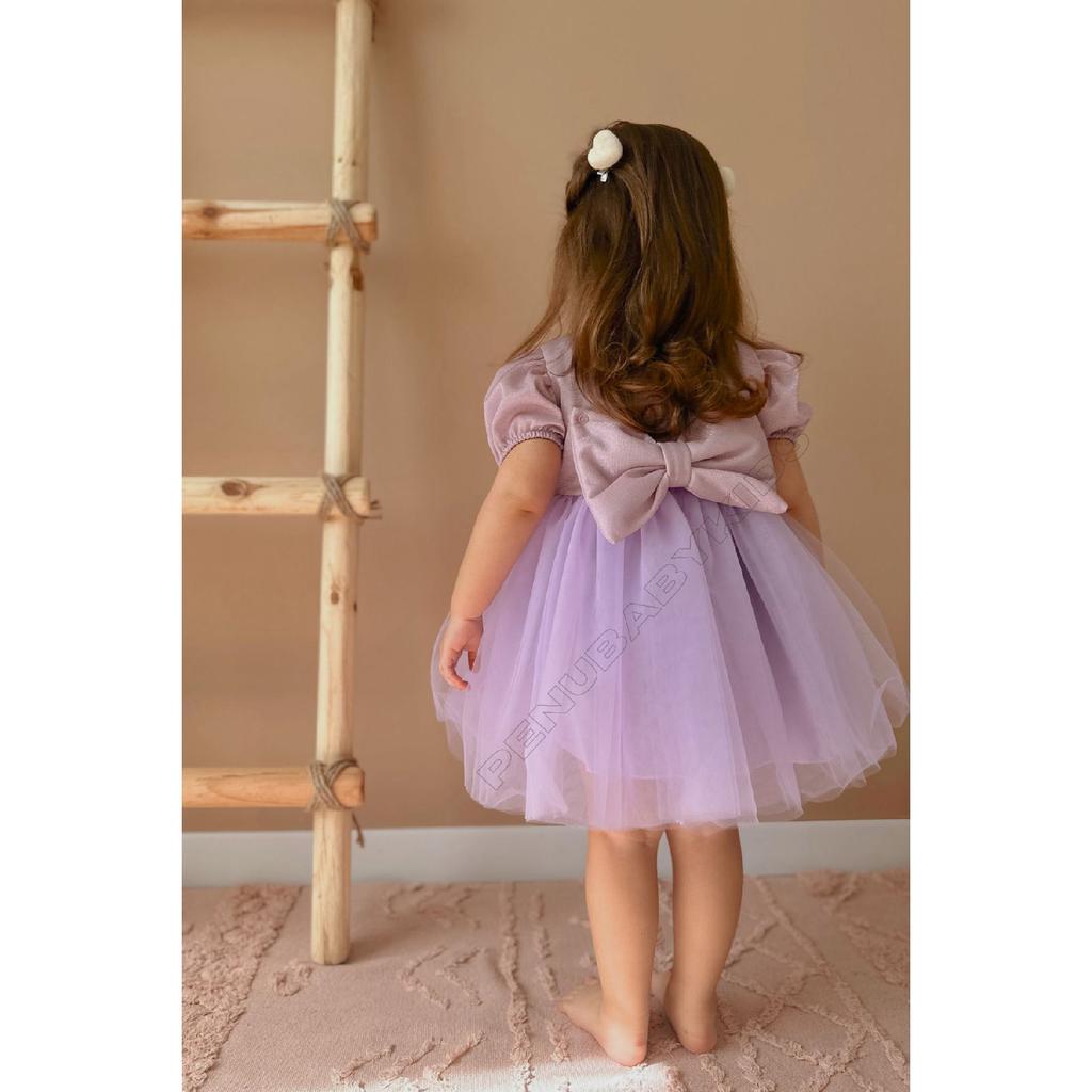 Rosa kurze Ballon-Stoffärmel, detailliertes Tutu-Tutu-Kleid für Babymädchen