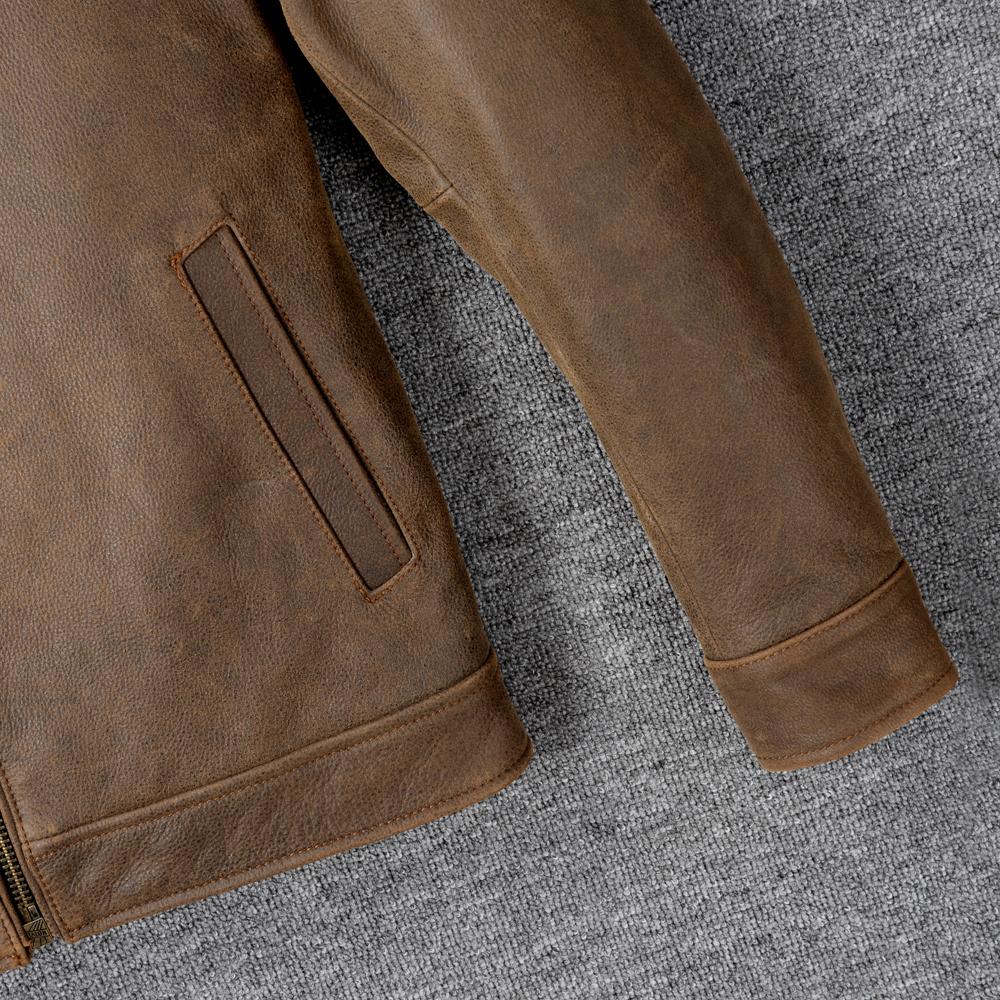 Classic 1930S Style Brown Uncoated Genuine Cow Men Leather Jacket Soft Slim Fit Men's Natural Cowhide Coat Autumn