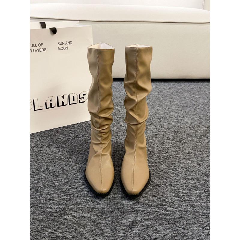 Thick Heel Pleated Stack Long Tube Knight Boots Women's Shoes New Spring and Autumn Western Thin Medium Tube Long Boots