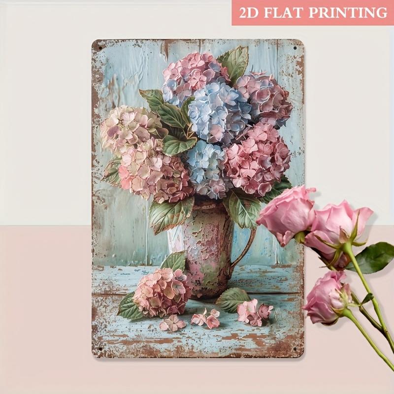2D Flat, 2D Flat H Hydrangea Metal Tin Sign, 8x12inch Suitable for Living Room, Garden, Spring Decoration and Floral Theme Home