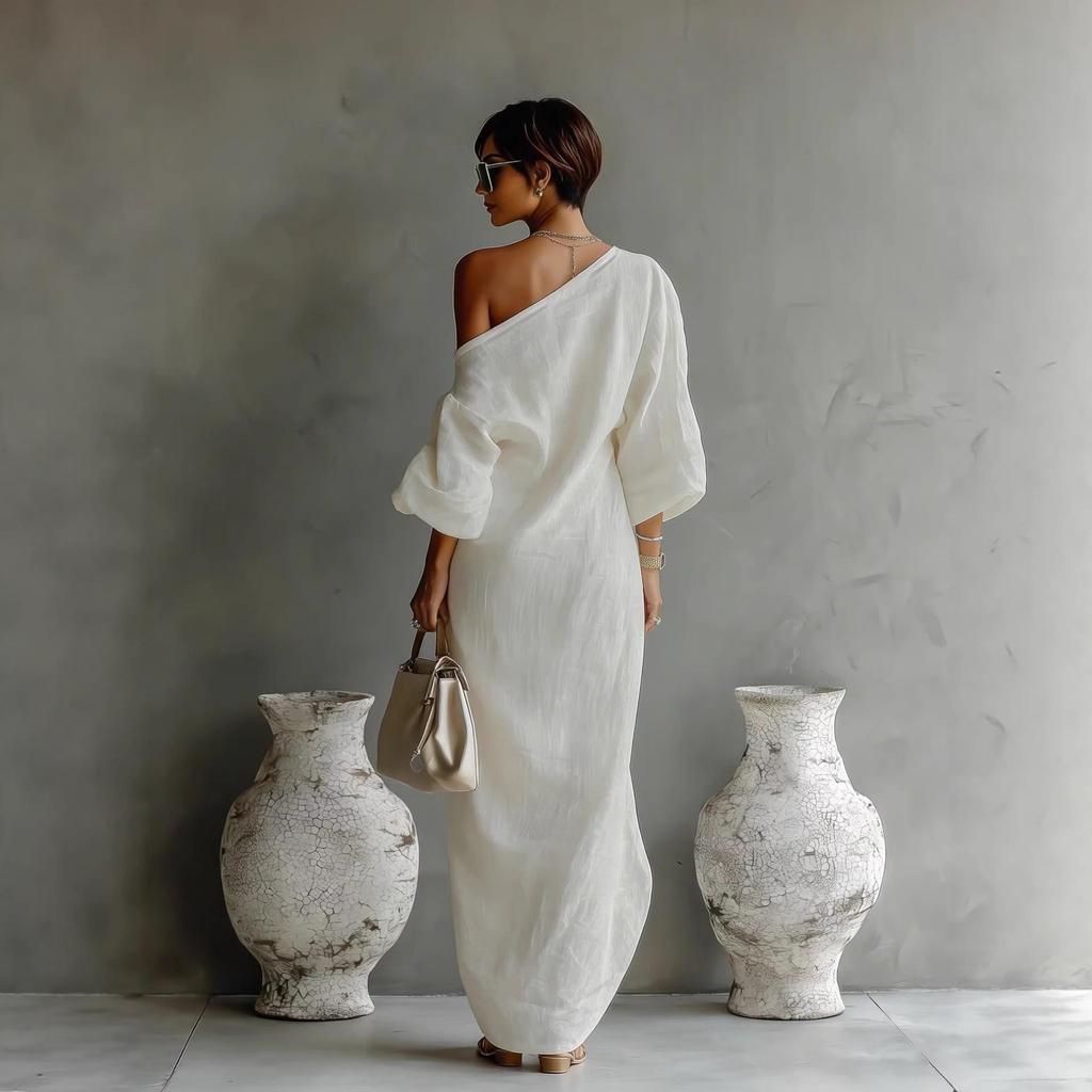 Spring/Summer 2026 Europe High-end Women's Long Sleeve Off-the-Shoulder Mid-Waist Pullover Dress