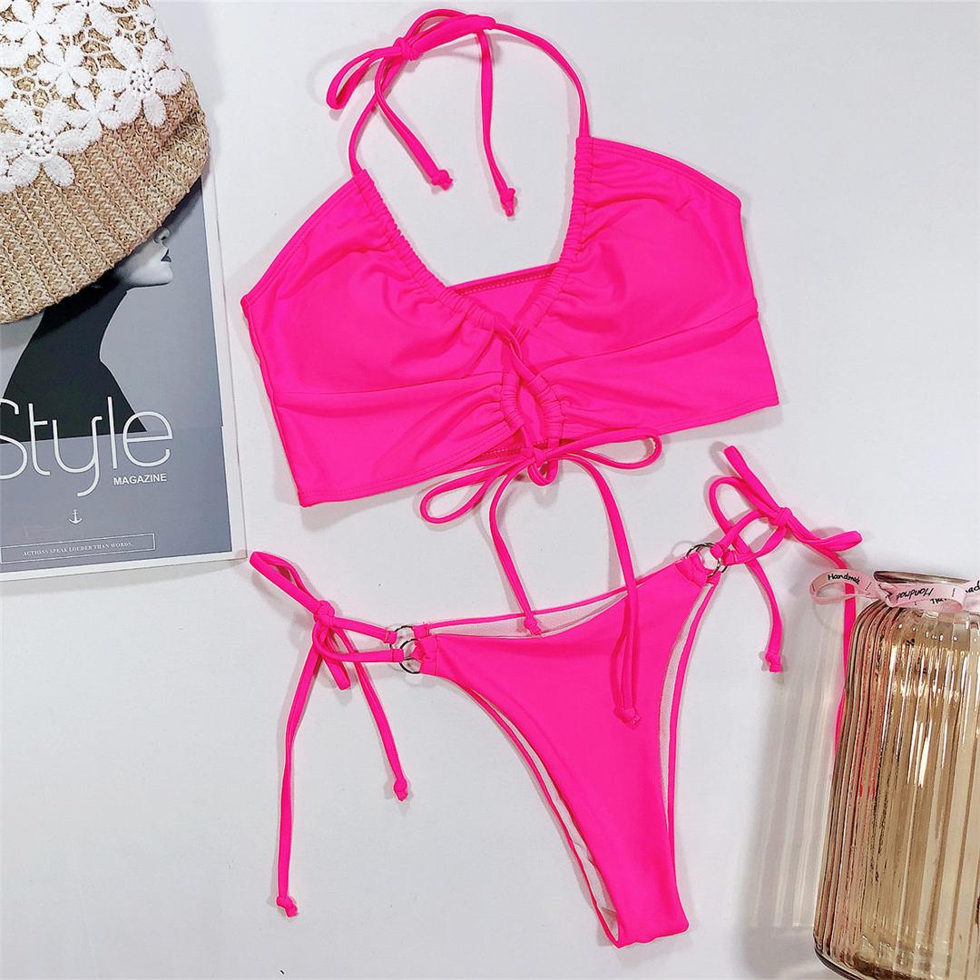 

Сексуальный бикини с высоким вырезом и леопардовым принтом, женский купальник, комплект бикини со шнуровкой, купальный костюм S розовый