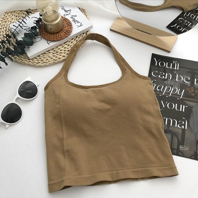 Nude Feel Women s Halter Top with Built-in Pads & Stylish Back for Yoga & Fitness One Size хаки
