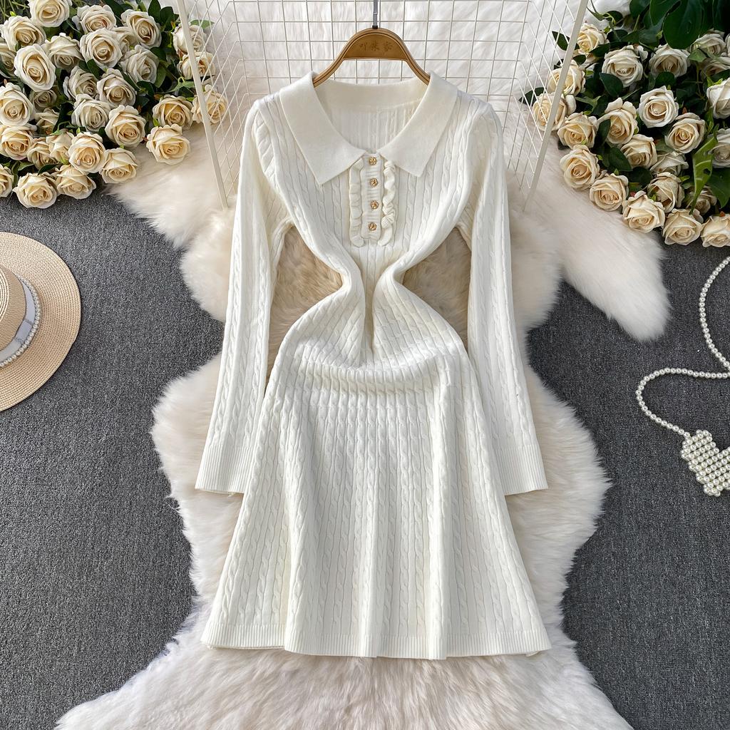 Autumn Winter High Waist Polo Knitted Umbrella Dresses  New Long Sleeve Casual Loose Sweater A-line Dresses Female