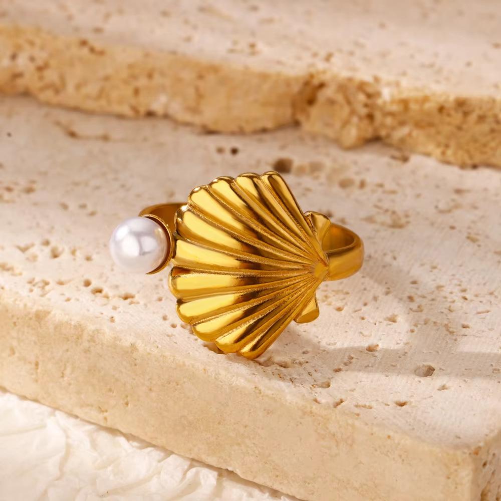 Creative oil pressure starfish conch titanium steel ring female zircon inlay with design summer beach jewelry