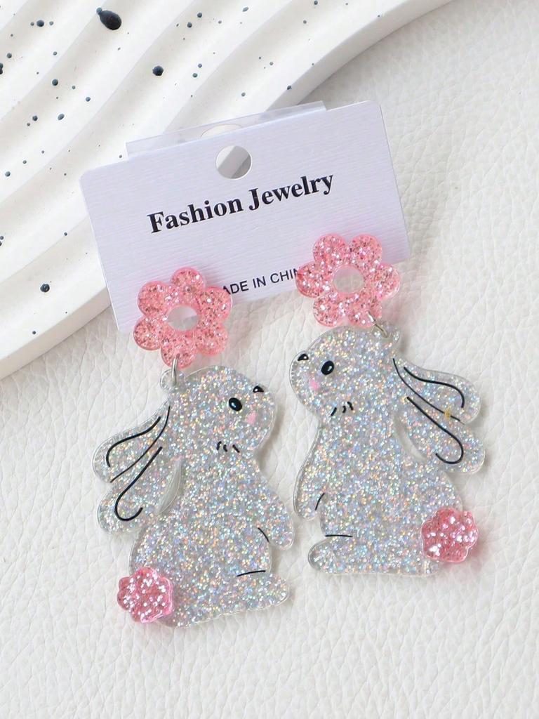 1 Pair Easter Bunny Earrings, Cute Animal Bling Bling Flower Funny Earrings