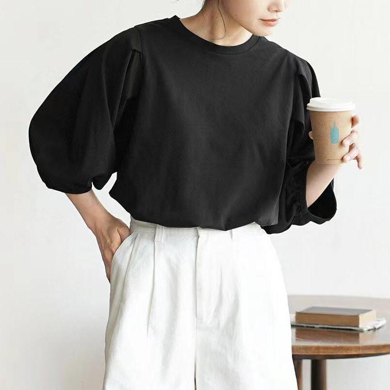 Early Autumn Japanese Womens Classic One Tone Simple Vintage Style Versatile Leisure Comfortable Fit Sleeves T-sleeves for Women