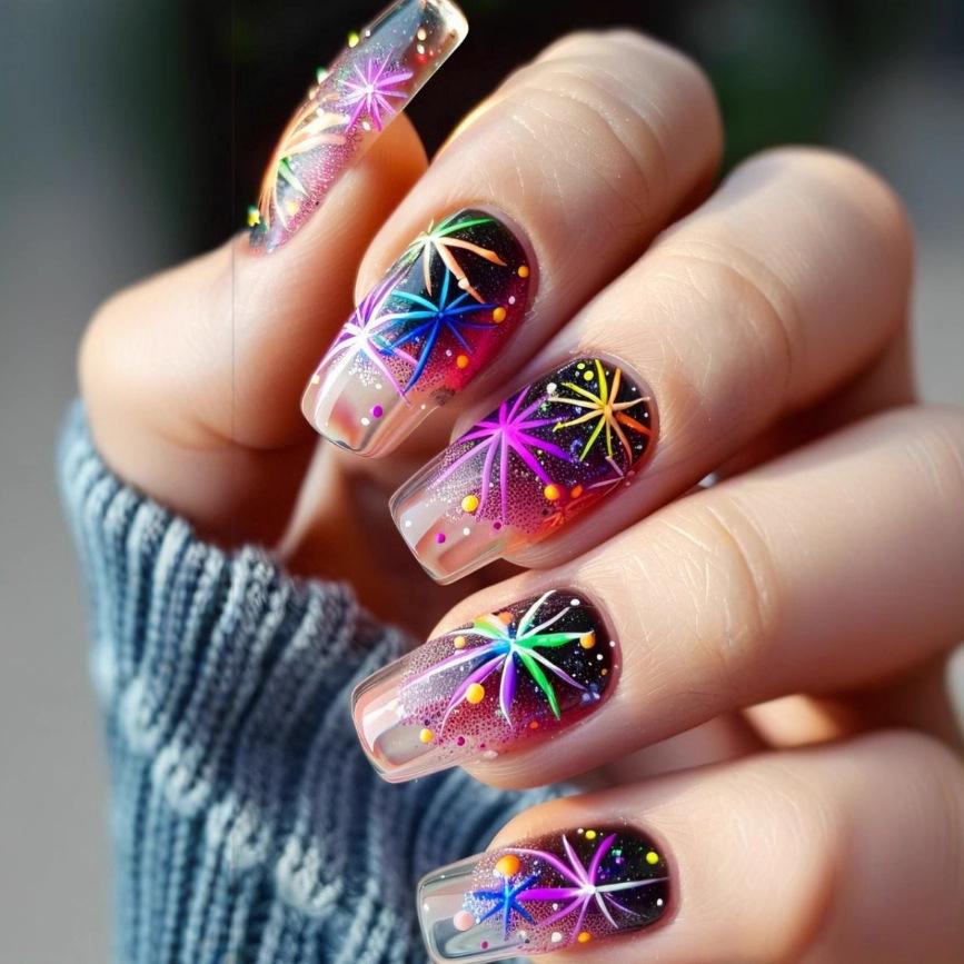 European Square New Year Fireworks Nail Art Stickers - Medium Length, Wearable & Detachable Fashion Tips