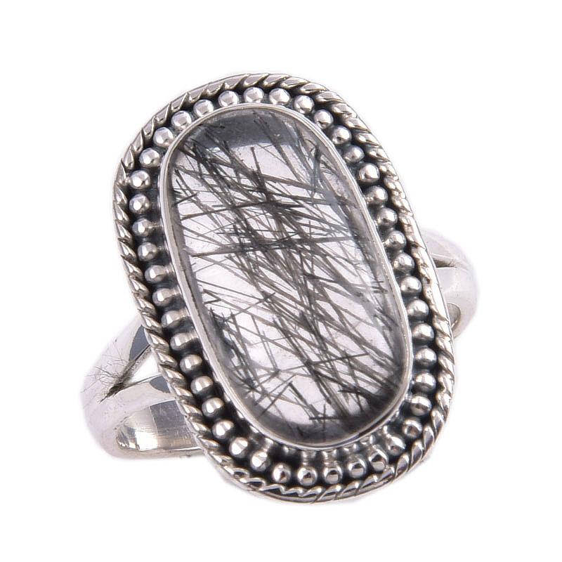 Natural Black Rutile Gemstone 925 Solid Sterling Silver Jewelry Ring S.5.5 P7a79