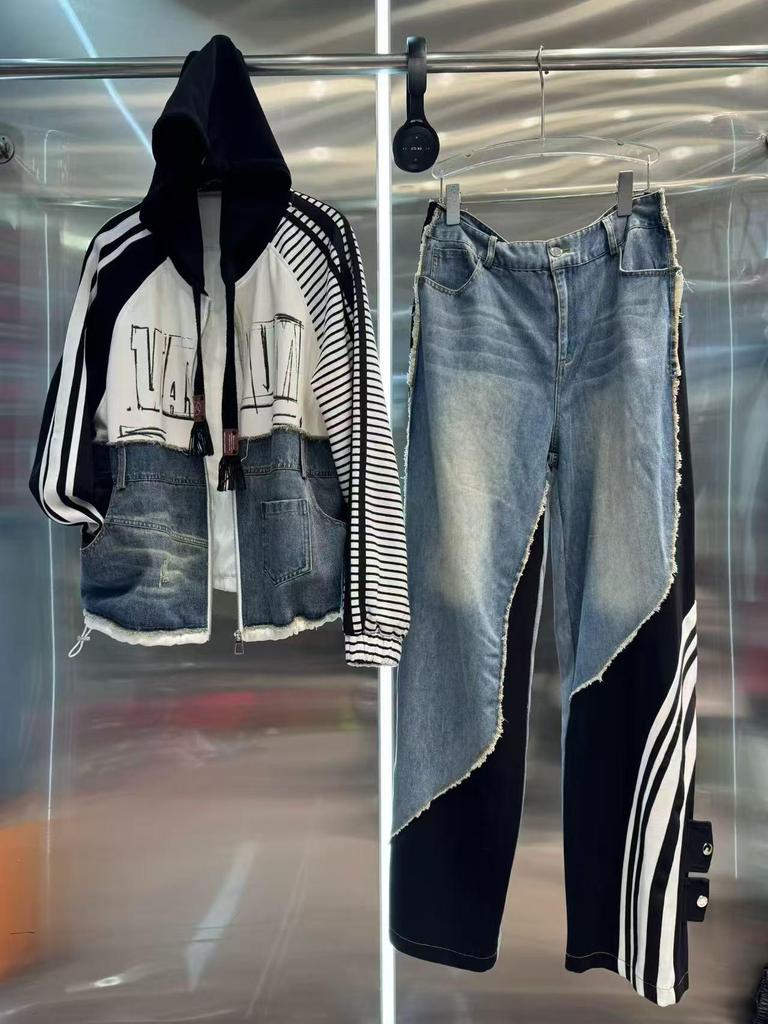 European-Style Women's Spring 2026 Patchwork Denim Windbreaker Jacket with Letter Print