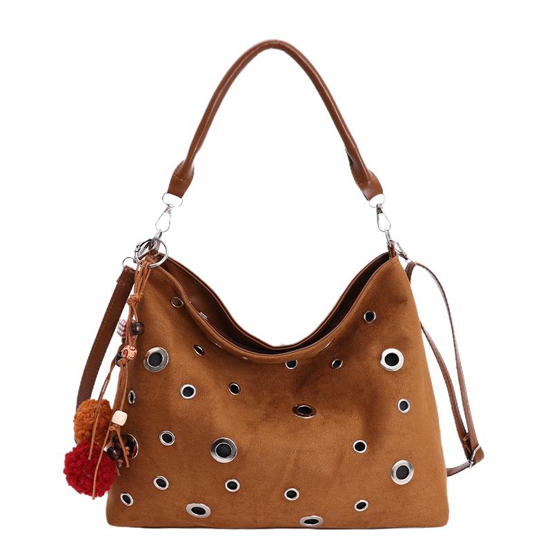 

Faux Suede Solid Color Hollow Out Zipper Casual Tote 2026 Fashi Trend Shoulder Bags Large Capacity Design Women s Handbags коричневий