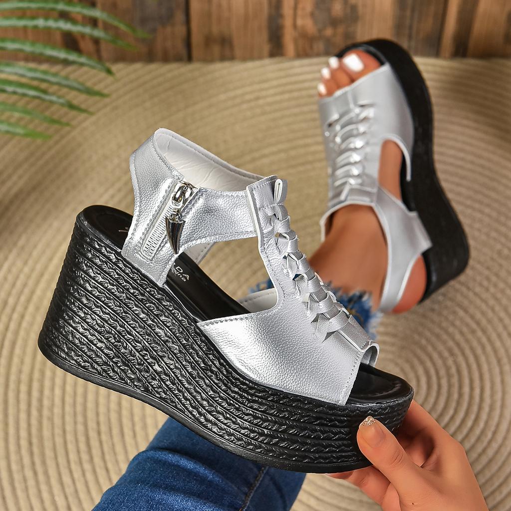 Fashion Aphixta Silver Peep Toe Wedge Heel Sandals Zipper Design Platform Sandals Women Casual Mesh Upper Breathable Shoes Plus Size 43