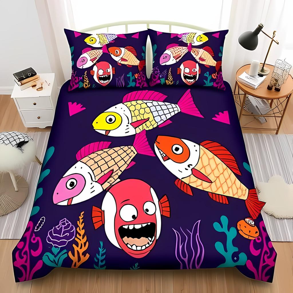 Fishing Queen Duvet Cover Set Vibrant Blue With Cartoon Fish Water Splatter Design Perfect For Fishing Lovers Warm And Soft