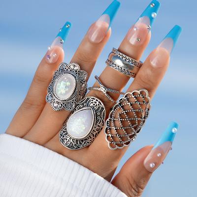 Böhmische eingelegte weiße Steinringe Set für Frauen Vintage Metall Silber Farbe Schnitzerei Blumenmuster Ringe trendiger Schmuck