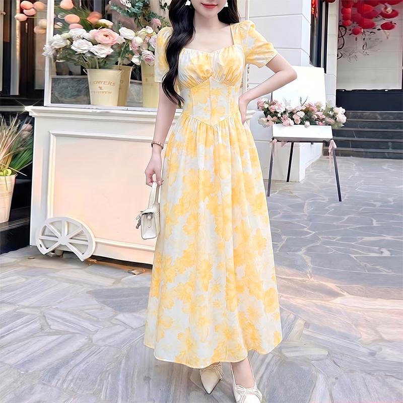 ZANZEA Women Elegant Square Collar Casual Short Sleeve Print Long Dress M