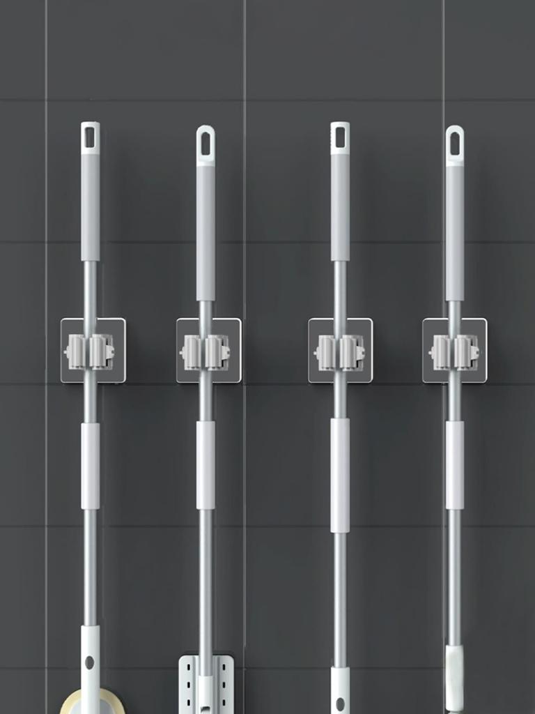 2pcs Perforated Transparent Mop Holder Clip Toilet Broom Storage Rack Wall Mounted Strong Hook