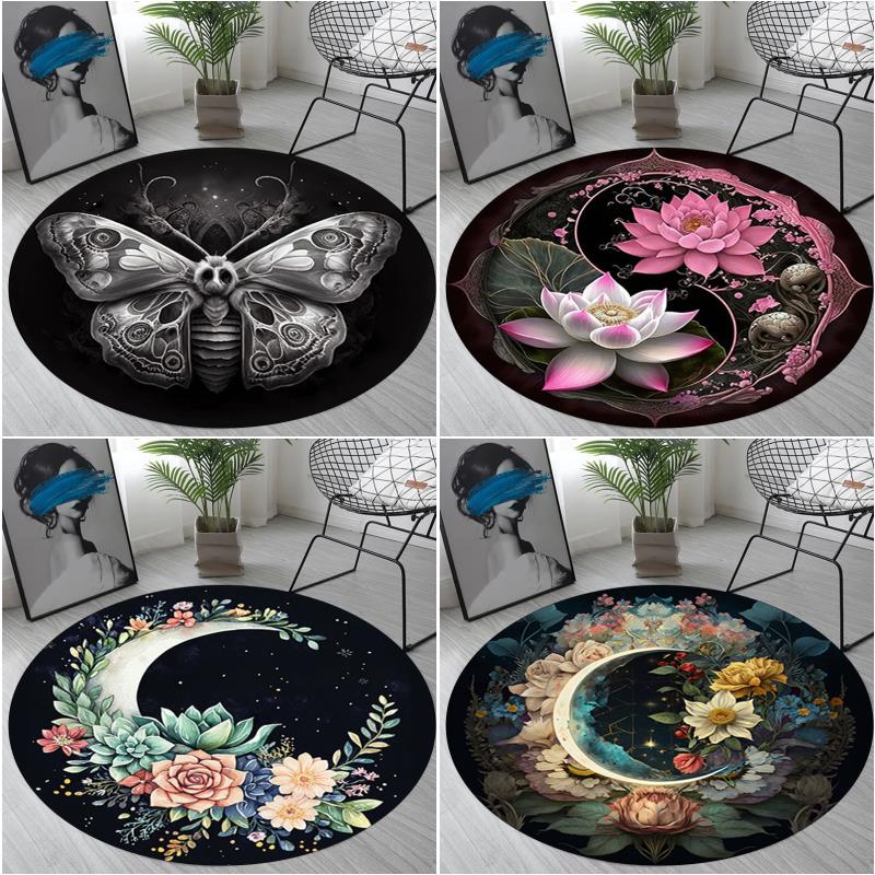 1Pc Flower crescent moon Circular Print Rug - home decoration Carpet For Living Room Bedroom Flooring Computer Chair Area Rug