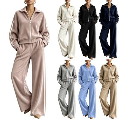 Women's Corduroy Two Piece Set with Casual Zip Up Jacket and High Waisted Wide Leg Pants