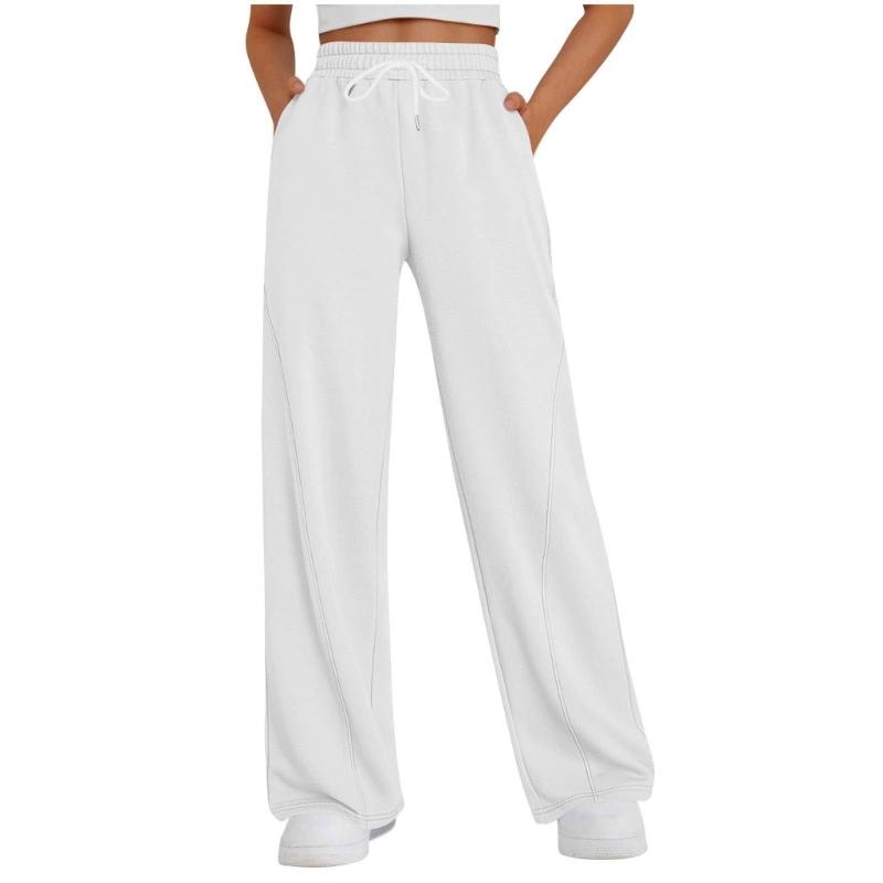 Women's Casual Wide Leg High Waist Pants Including Elastic Drawstring And Side Pockets For Lounging And Daily Activity