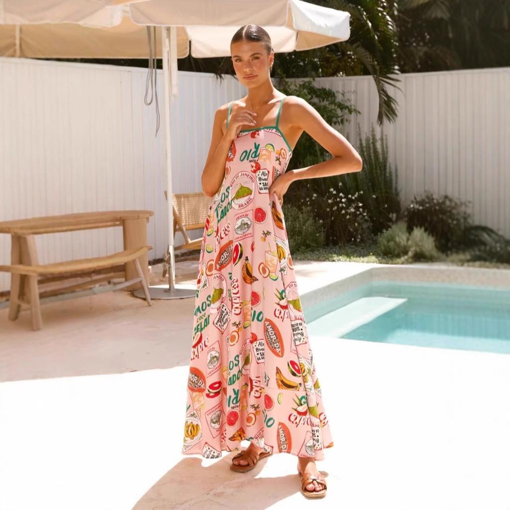 Women's Boho Floral Beach Sundress Sleeveless Summer  Maxi Dress Spaghetti Straps Casual Smocked Flowy A-Line Dress Party Long Dresses for Women