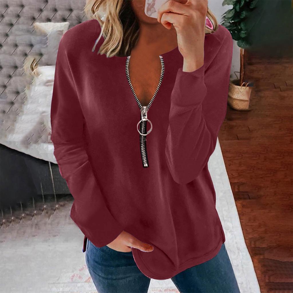 Women Summer Casual Sexy V-neck Printed Zipper LongSleeves Tops