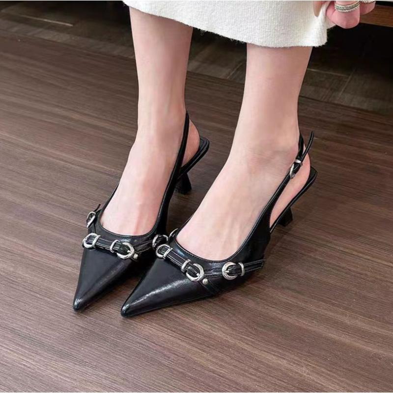 

Дизайнерские женские сандалии класса люкс с острым носком, ремешком с пряжкой, металлическим высоким каблуком-рюмочкой, элегантные одинарные туфли для женщин 40 чёрный