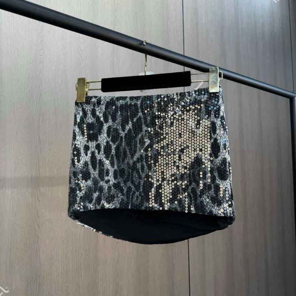 2024 Autumn Trendy Leopard Print Sequin Low Waist Short Skirt