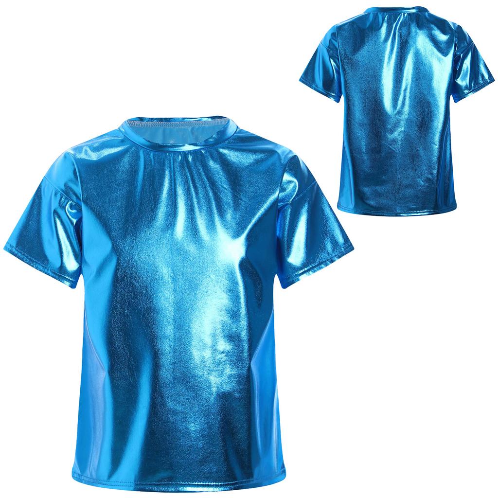 Camisetas de manga corta brillantes para niños y niñas, camiseta de cuello redondo a la moda, disfraz de actuación de baile