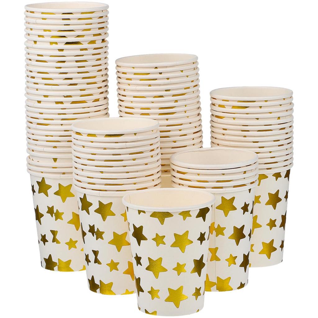 Amosfun Disposable Paper Cups, 250ml, Heat-Resistant, Thick, Gold with Star Pattern, Set of 100, Commercial Use, Insulated, Stylish, Durable, and Leak