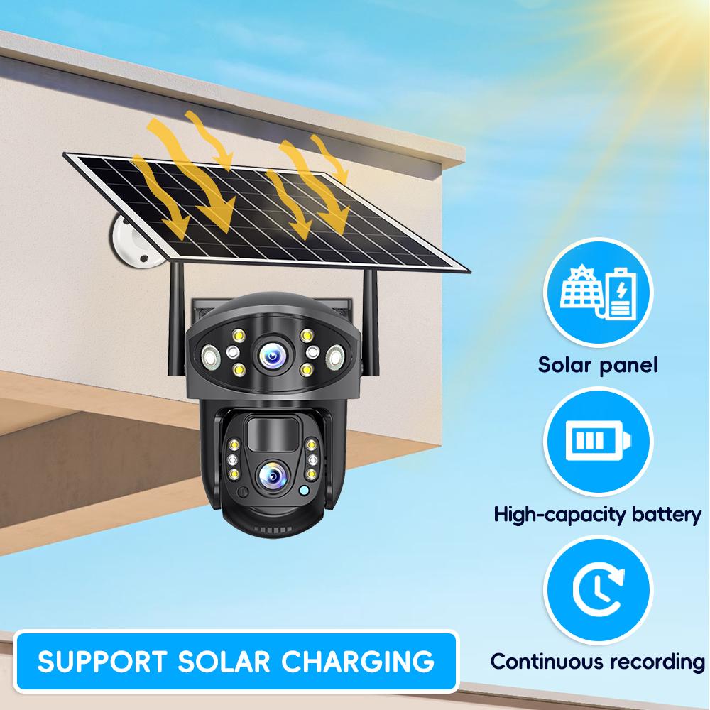 Dual Lens Solar Security Camera, 4G/WiFi Outdoor Monitor with Night Vision, HD Rechargeable PIR Surveillance System