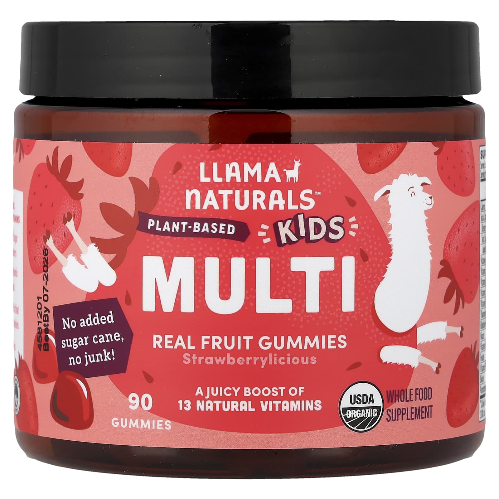 

Llama Naturals, Children s Vegan Multi-Gum, Natural Fruit Gummies, Strawberrycious, 60 Gummies